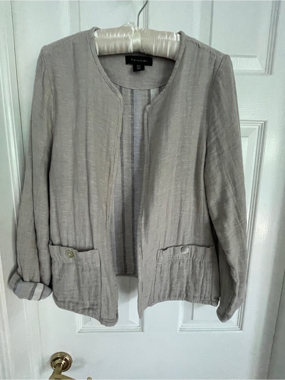 Tahari Light Gray Open-Front Linen-Blend Blazer